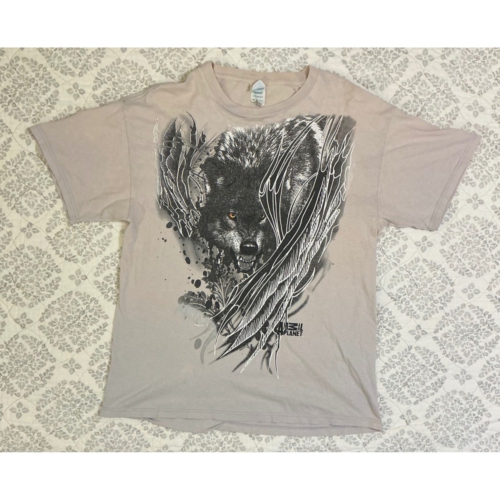 Animal Planet Wolf Graphic T Shirt Mens Size Large Beige Short Sleeve‎ Crew Neck